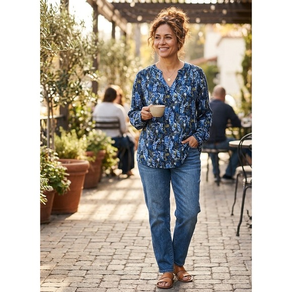 Lands' End Tops - Lands End Womens 2X Blue Floral Tencel Modal Henley Long Sleeve Blouse Top NWT